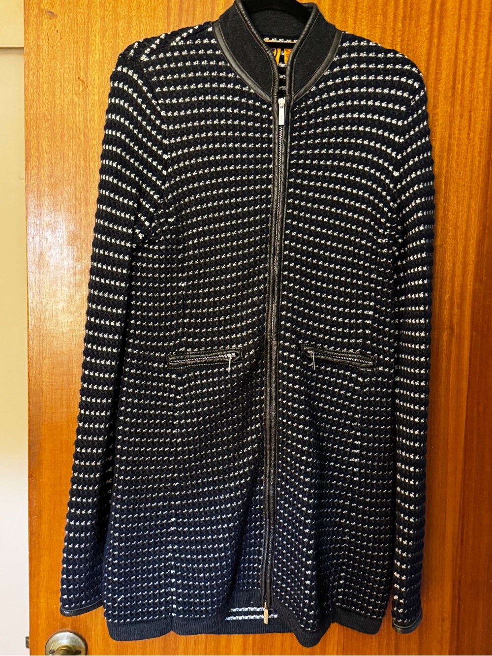 Tory Burch Navy and White Knit Zip-Front Long Sleeve Cardigan/Jacker
